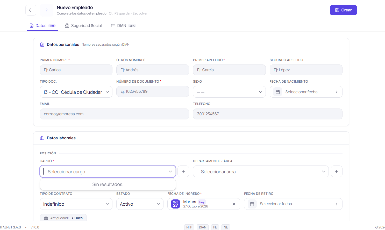 Ficha del empleado con datos personales, laborales, de seguridad social y DIAN.