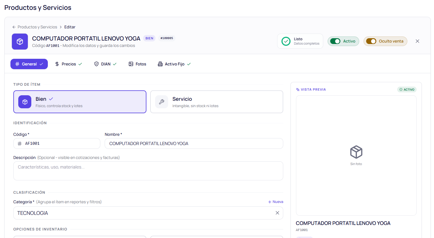 Catálogo de productos y servicios con precios, datos para la DIAN, fotos y activos fijos.