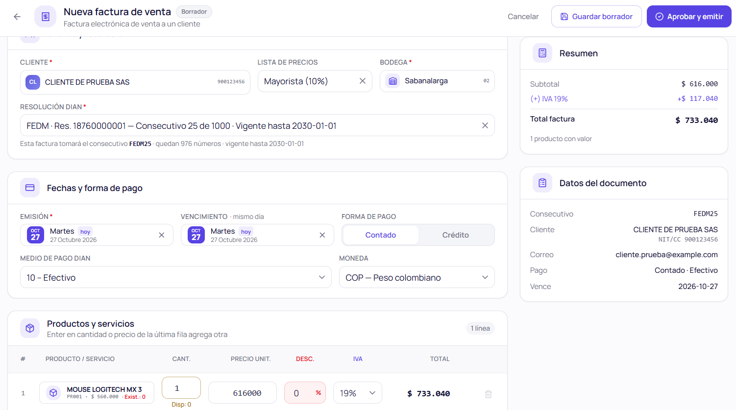 Factura electrónica de venta con resolución DIAN, lista de precios, bodega y forma de pago.